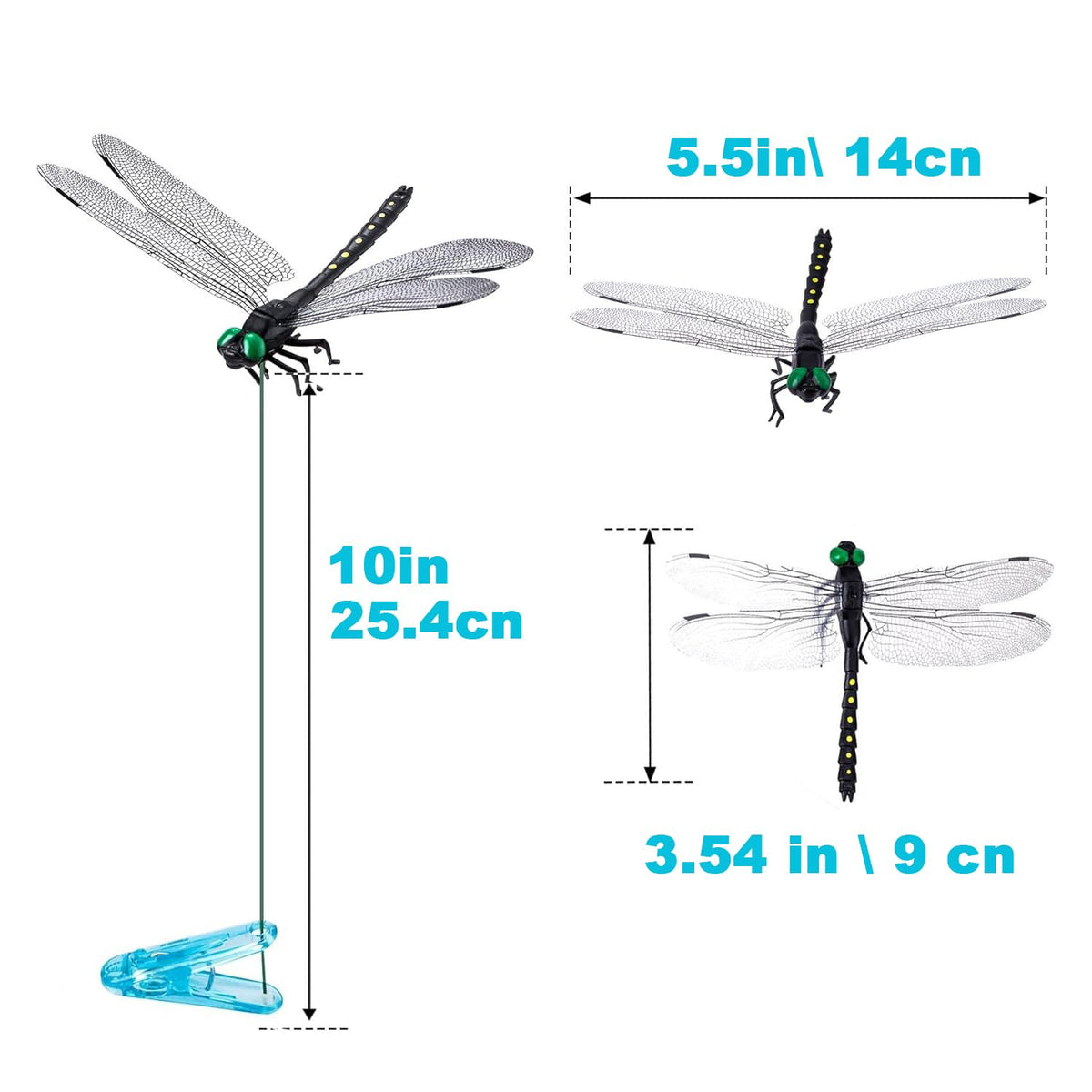 Generic 3D dragonfly stake with blue wings enhances garden aesthetics while catching light