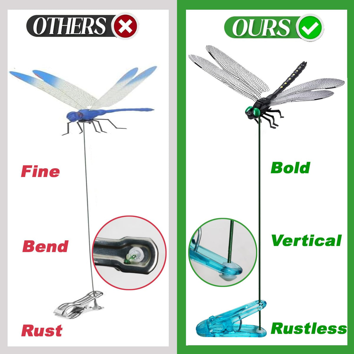 Generic 3D dragonfly stake with green wings adds color and gentle movement near plants