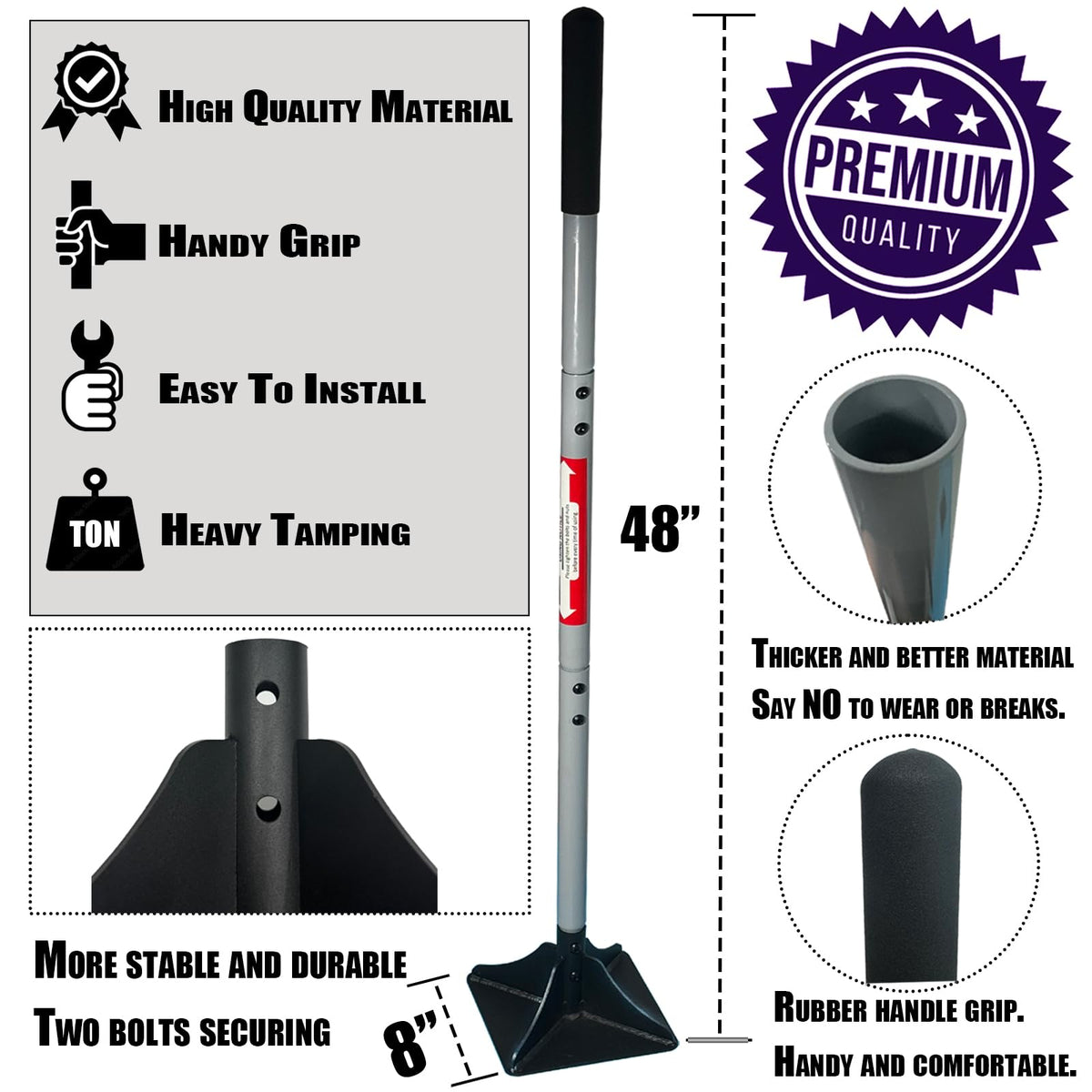 Generic 48in steel handle with ergonomic grip for long days.