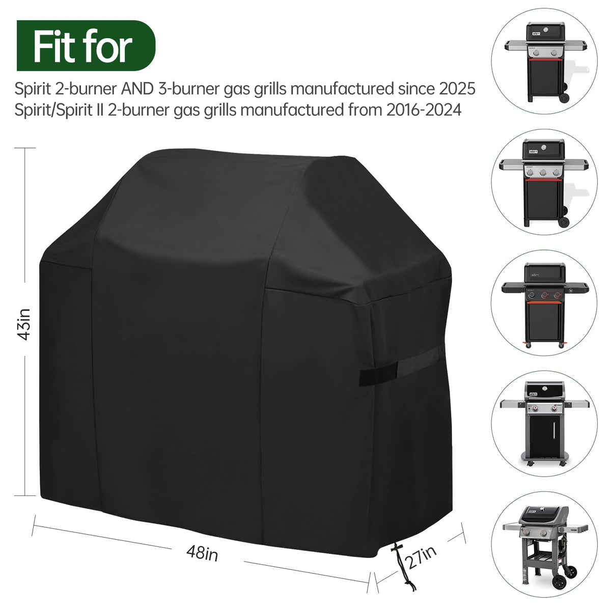 Generic 48 inch grill cover, side view, designed for Weber Spirit 200 and 300 series.