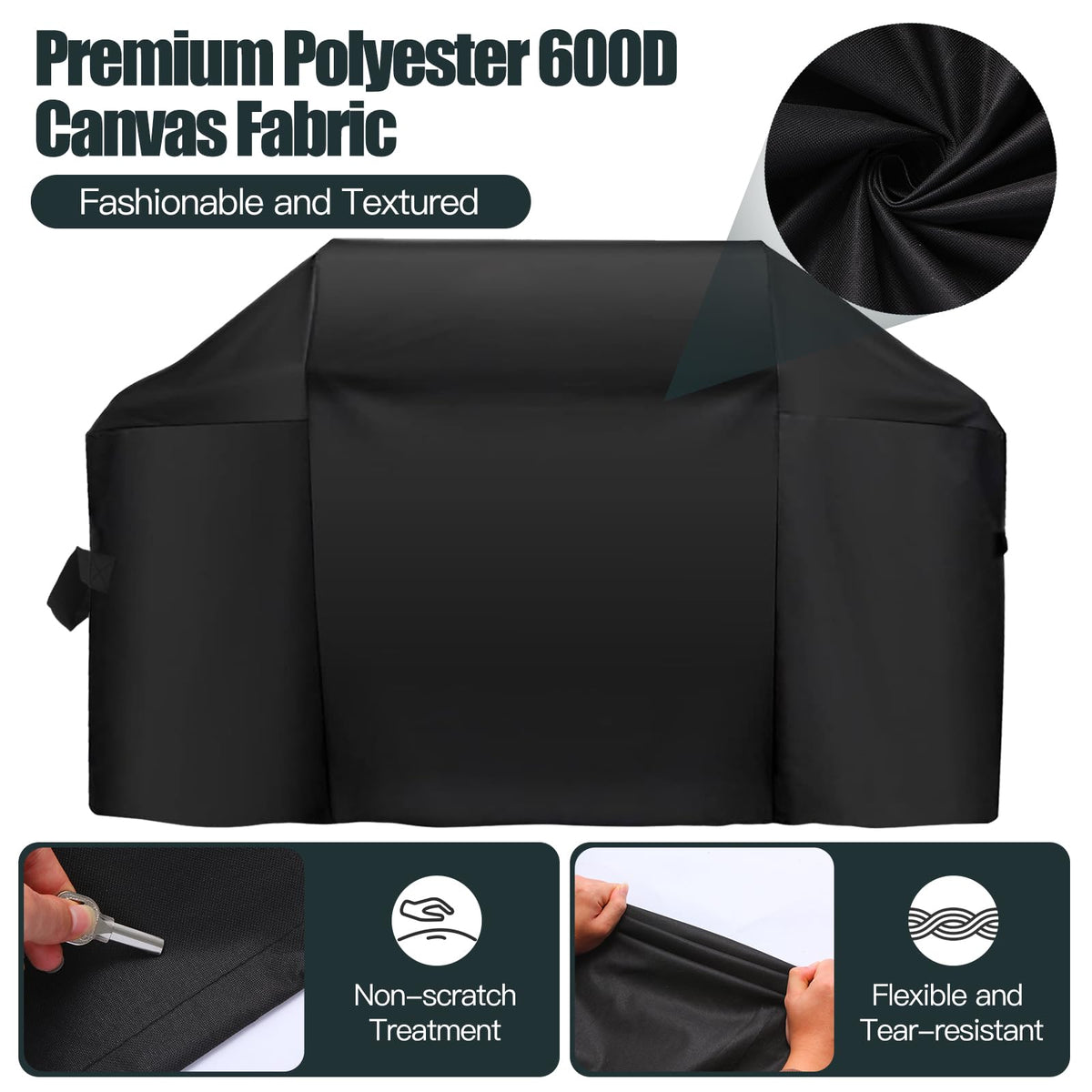 Cover with windproof straps and adjustable drawstring securing the lid.