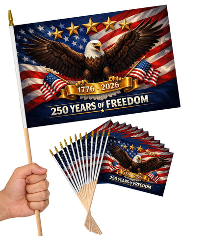Generic 50-pack small American flags on sticks for easy waving at events.