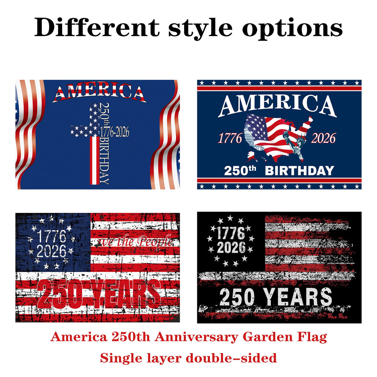 Generic 6-pack 250th anniversary stick flags closeup highlighting colors and craft