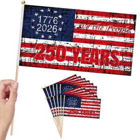 Generic 6-pack 250th anniversary stick flags for outdoor parade setup, vibrant patriotic display
