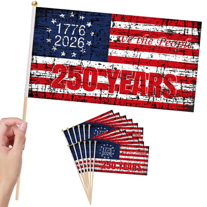 Generic 6-pack 250th anniversary stick flags for outdoor parade setup, vibrant patriotic display