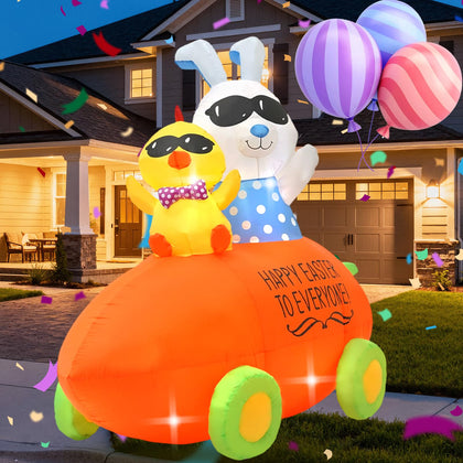 Generic 8ft Easter inflatable bunny on carrot motorcycle lights up outdoor celebrations.