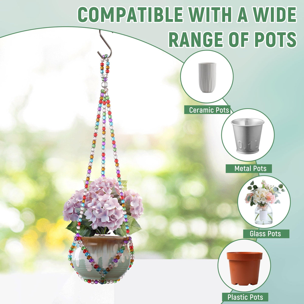 Generic adjustable hook enables easy setup for different pot sizes.