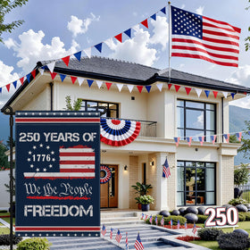 Generic durable polyester burlap-like flag withstands outdoor weather.