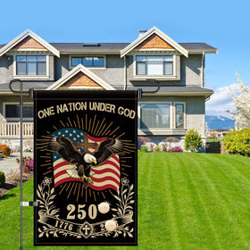 Generic American pride garden flag enhances yard aesthetics.