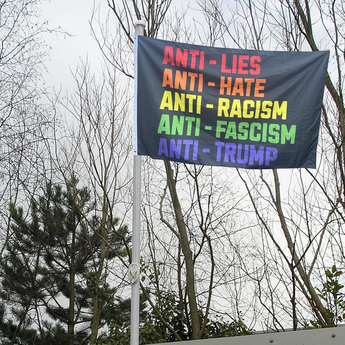 Generic anti-lies anti-hate flag vibrant colors closeup in sun