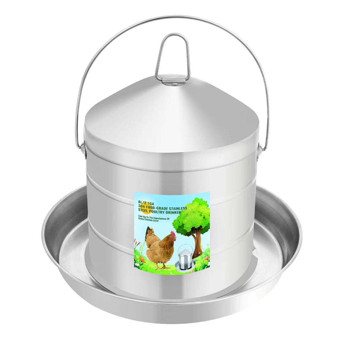 Generic automatic chicken waterer 8L with cap and handle for easy transport.