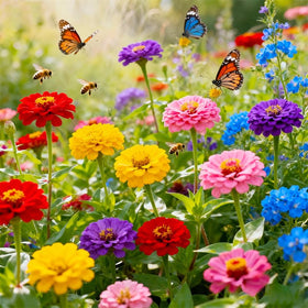 Generic balcony garden zinnia container planting for small spaces.