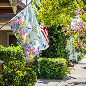 Generic Hello Spring flag showcases vivid colors for porch or yard.