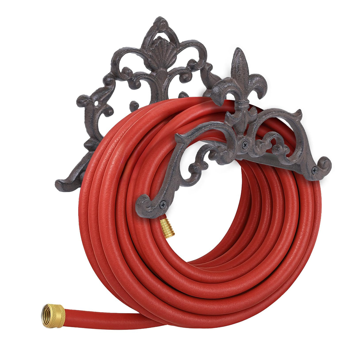 Generic cast iron hose holder on wall mount for durable outdoor storage.