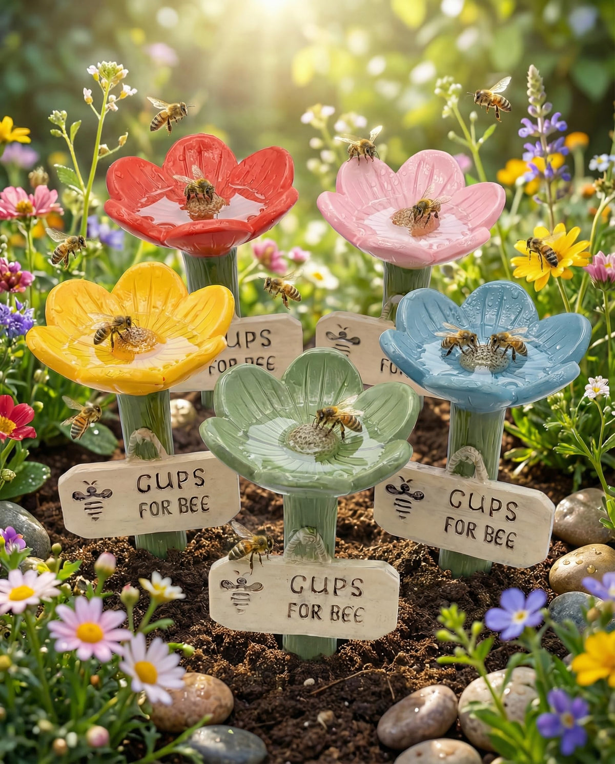 Generic Ceramic Flower Bee Feeder Station attracts pollinators with shallow sipping petals.