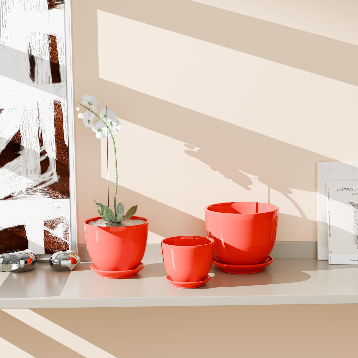 Generic ceramic plant pot set of three red with durable finish