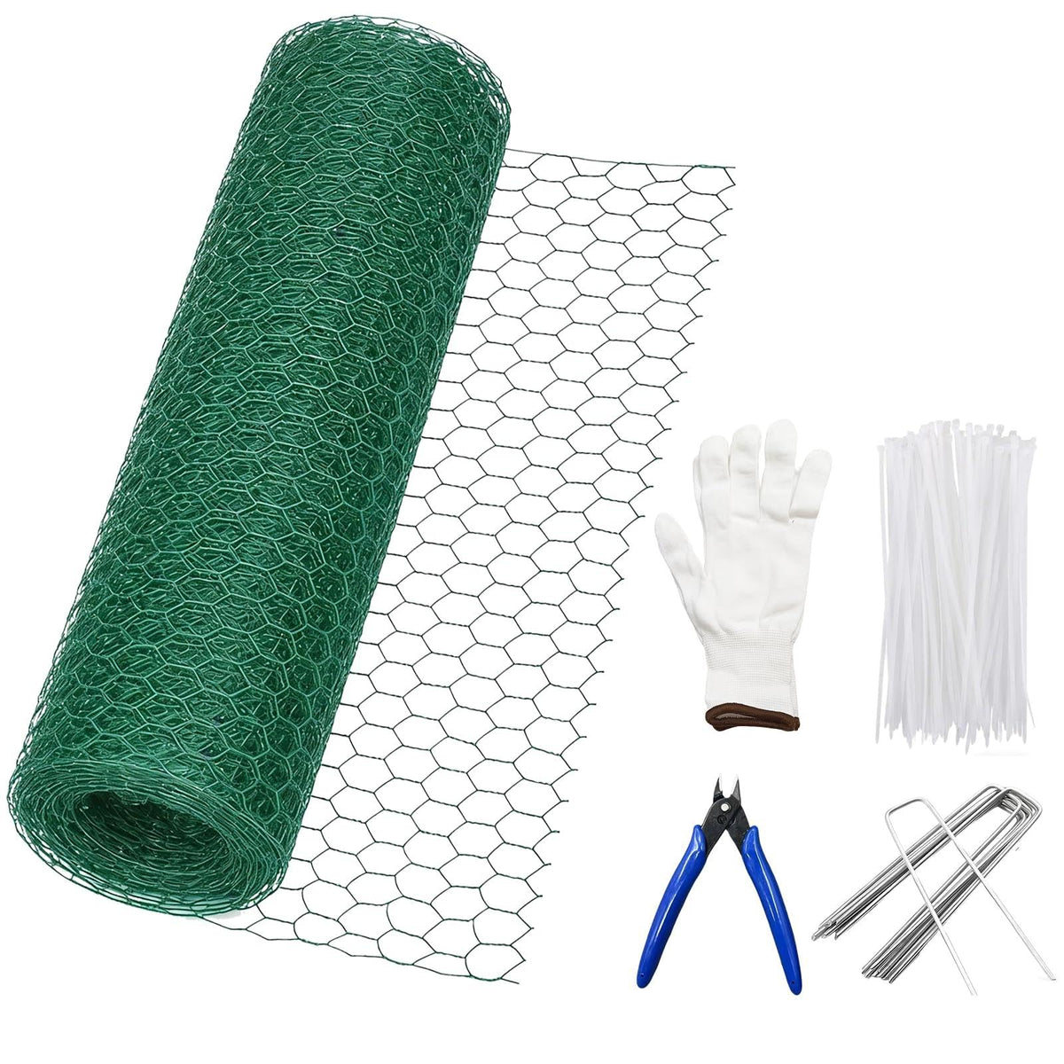 Generic chicken wire mesh in green coating protecting garden plants.