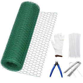 Generic chicken wire mesh in green coating protecting garden plants.