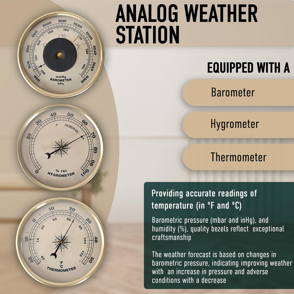 Generic Classic Analog Weather Station lacquer finish provides timeless decor with durable protection.