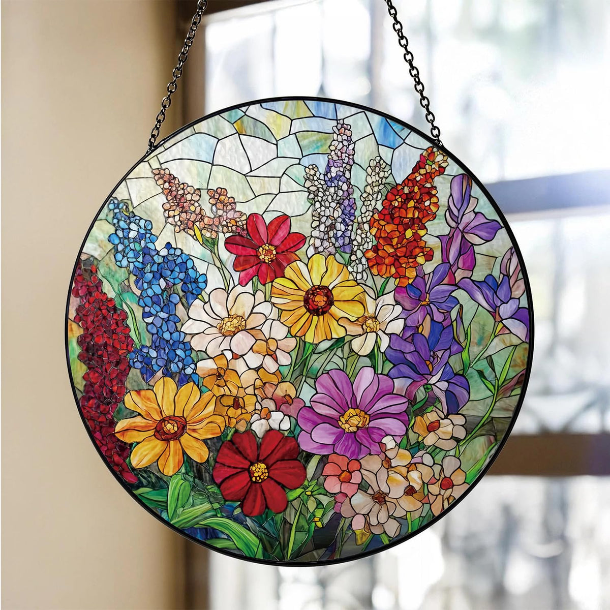 Generic Colorful Wildflowers Suncatcher bathed in sun creating bright reflections.