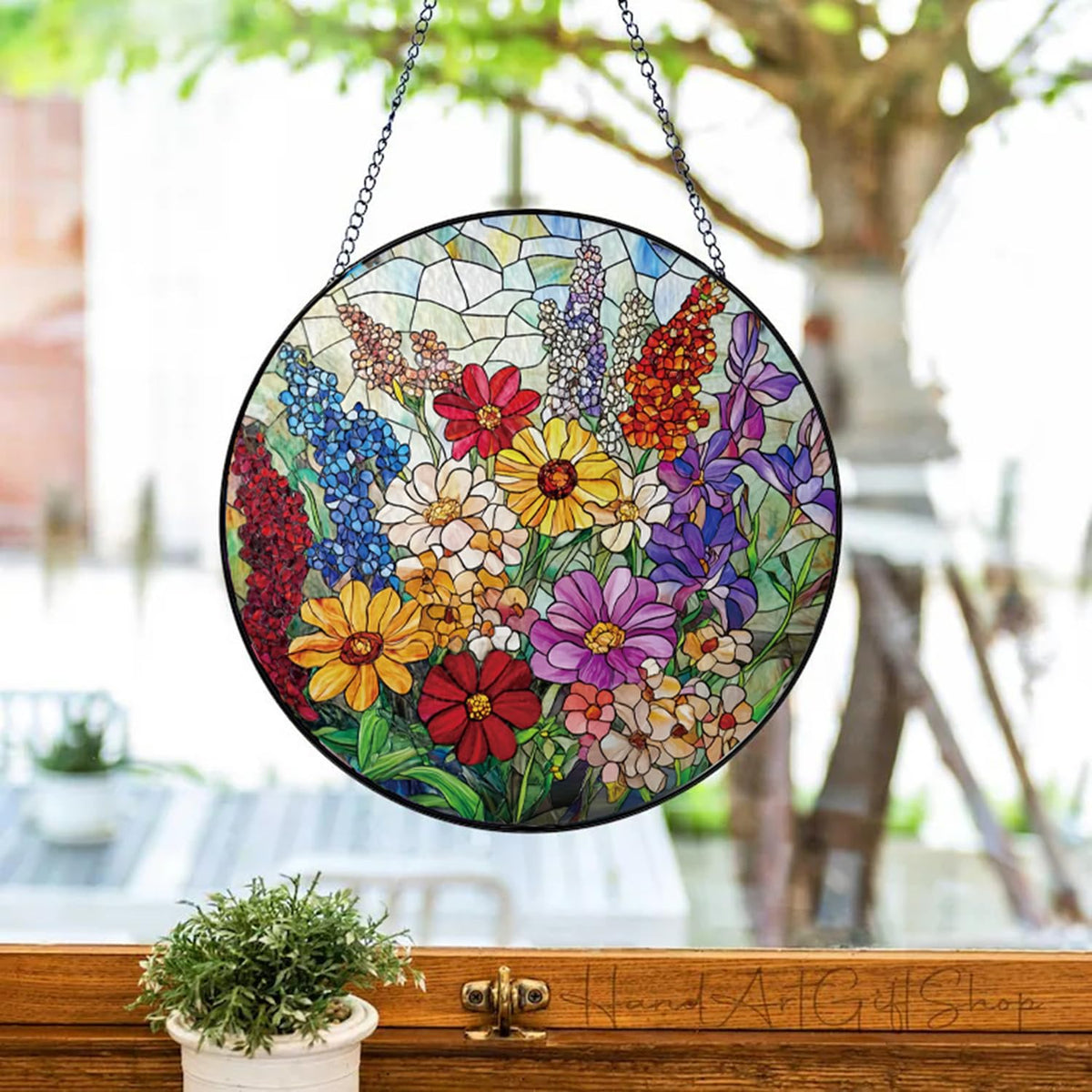 Generic Colorful Wildflowers Suncatcher with included hooks for easy window display.