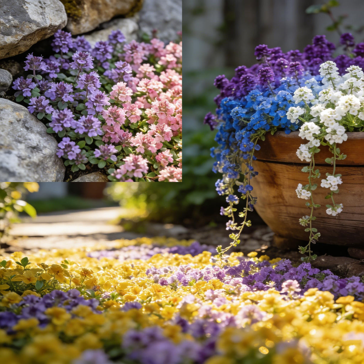 Generic creeping thyme ground cover displays a compact mat ideal for pathways