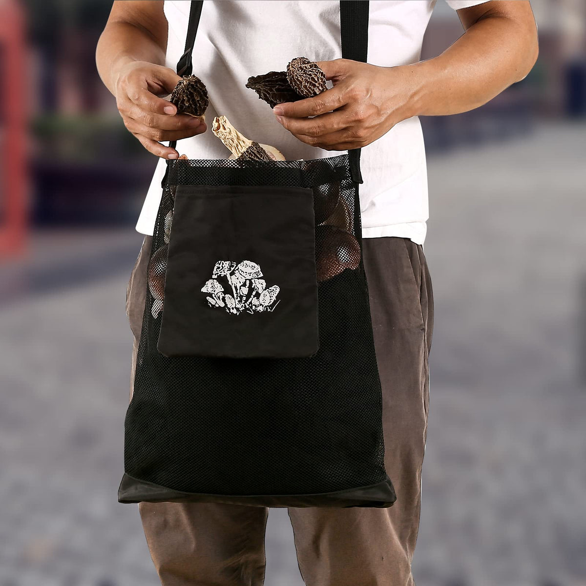 Generic Mushroom Hunting Bag worn over chest keeps hands free for picking.