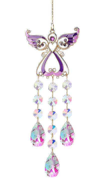 Generic crystal sun catcher with angle design purple crystal pendant catching sunlight to create rainbows.