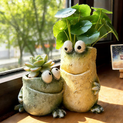 Generic cute frog planter with dual pots for easy mini gardens and desk organization.