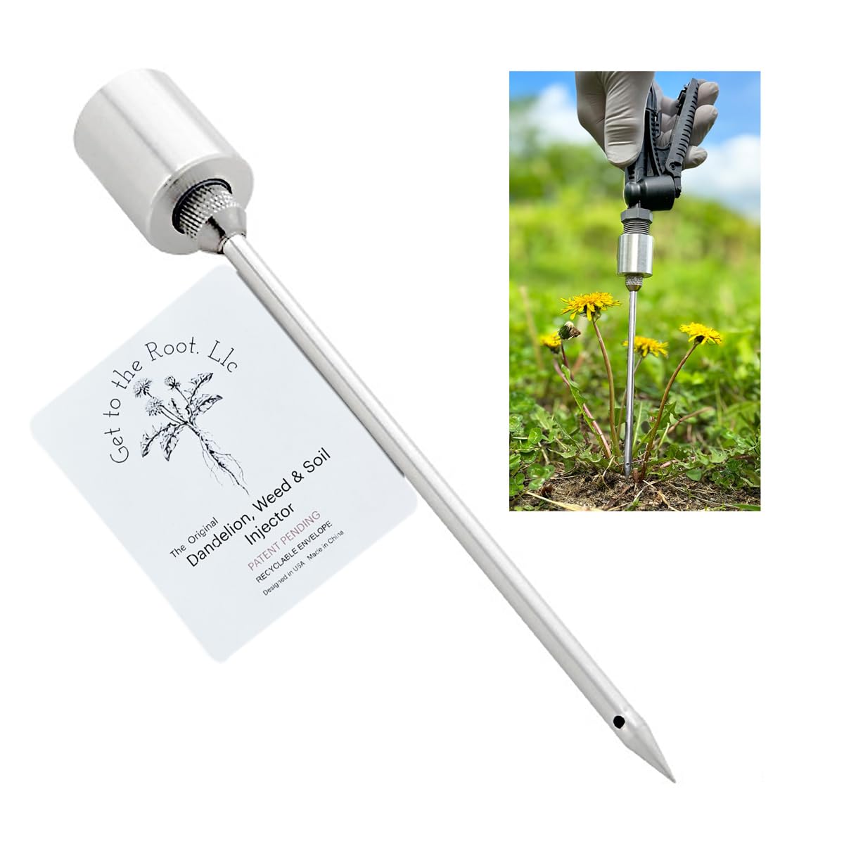 Generic Dandelion Weeder Tool injector-needle closeup enables targeted root treatment in lawns.