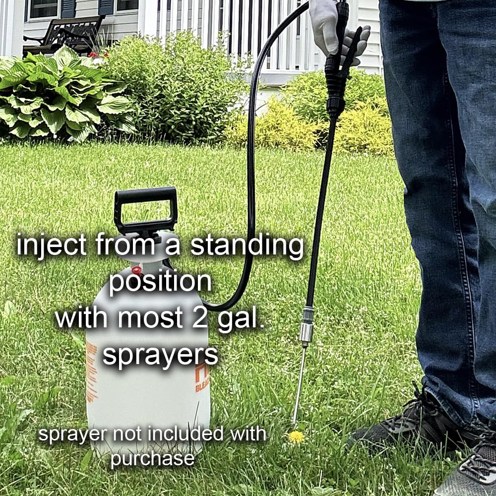 Generic Dandelion Weeder Tool mounted on wand enables upright injection for effortless weed treatment.