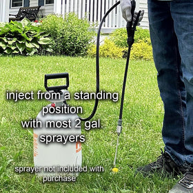 Generic Dandelion Weeder Tool mounted on wand enables upright injection for effortless weed treatment.