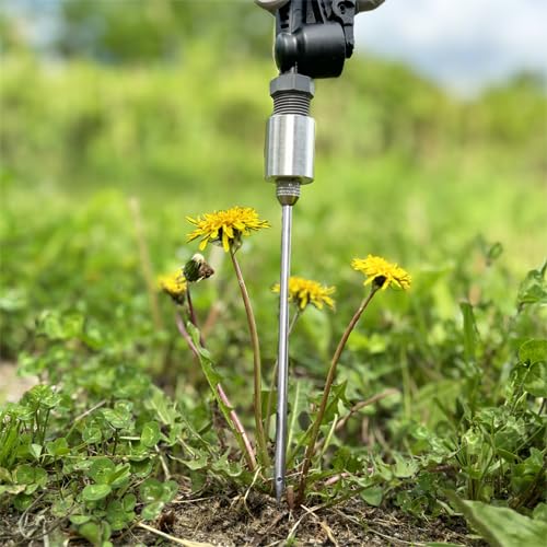 Generic Dandelion Weeder Tool attachment on pump sprayer facilitates targeted root injection.