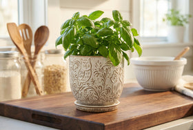Generic terracotta planter with shimmering gold and silver relief accents.