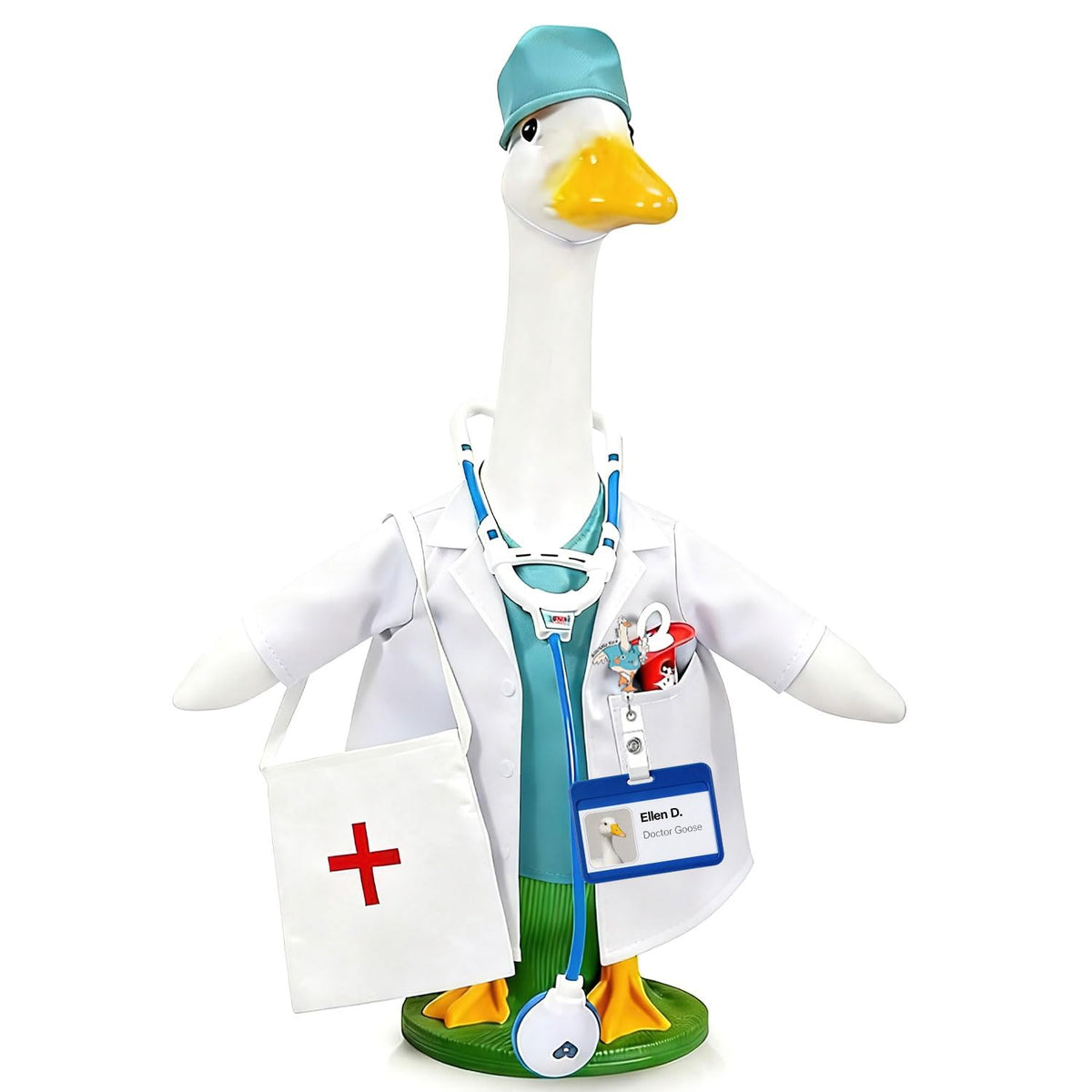 Generic doctor goose costume in green with pocket enhances yard display year-round.