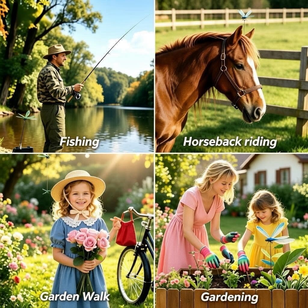 Clip-on dragonfly rod for hats or plants, easy outdoor use.