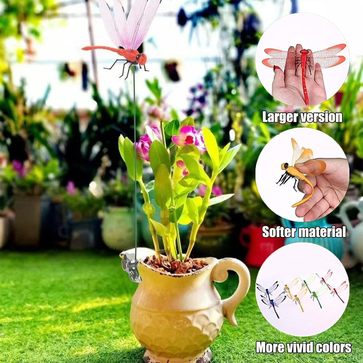 Generic dragonfly stake 9.8-inch height stands out among plants.