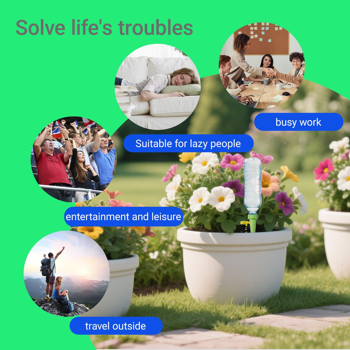 Generic Durable plastic spikes emphasize reusability for indoor plant care.