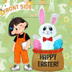 Generic Easter inflatable bunny on a flower basket brightens lawn display for celebrations.