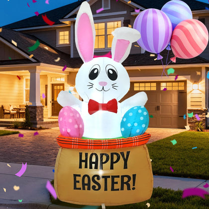 Generic 4ft Easter inflatable bunny holding eggs on a flower basket for yard decor.