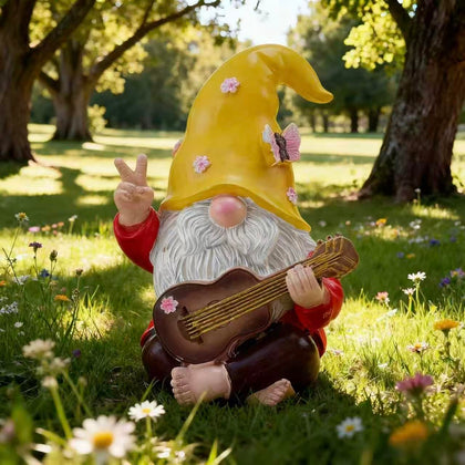 Generic Garden Hippie Gnome Guitar Statue for outdoor spaces with playful charm.