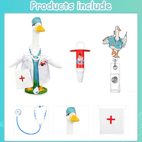 Generic goose costume with blue stethoscope adds healthcare whimsy to outdoor decor.