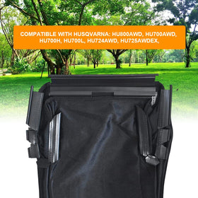 Generic grass bag back attachment demonstrates secure fit on compatible models