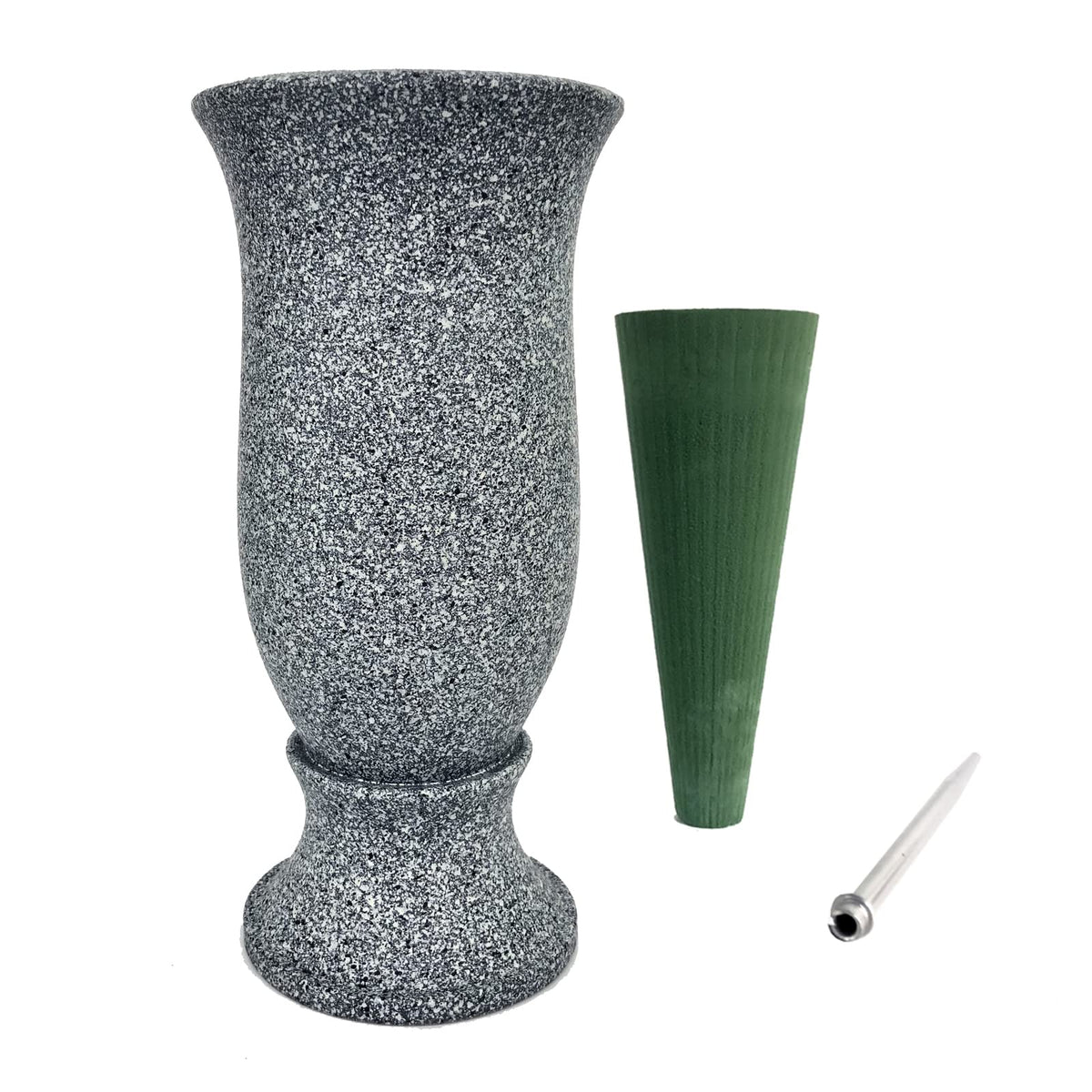 Generic cemetery vase with stakes for outdoor grave decorations and stability