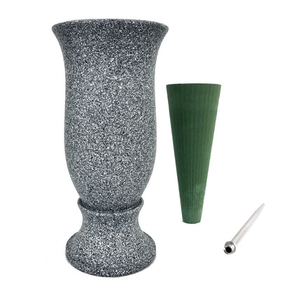 Generic cemetery vase with stakes for outdoor grave decorations and stability