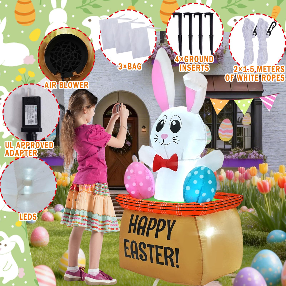 Generic Easter inflatable with ground stakes helps keep it steady against wind.