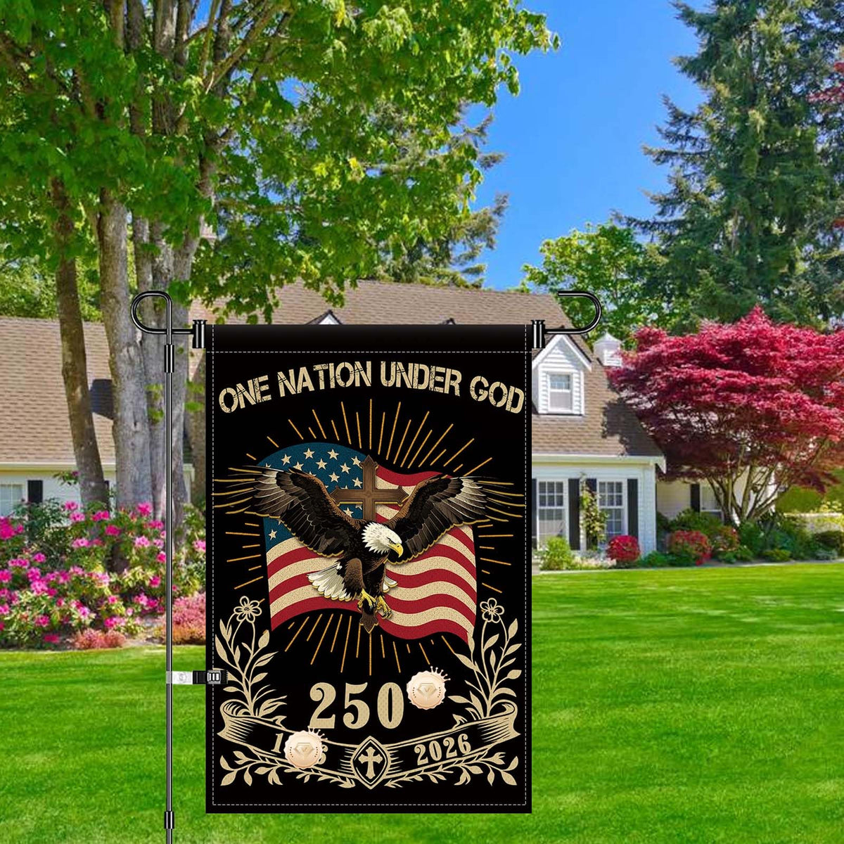 Generic hanging patriotic decor flag for curbside display.