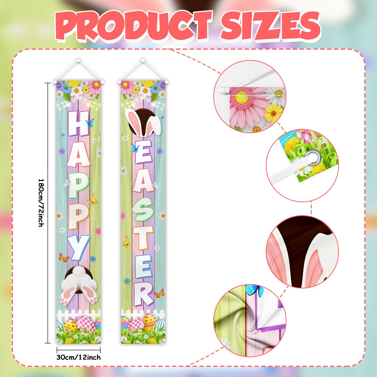 Generic Happy Easter porch banner shows daisy accents to brighten entryways.