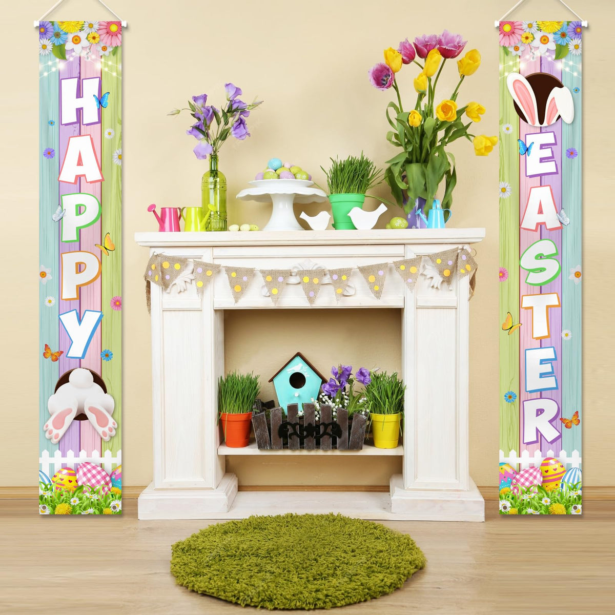 Generic Happy Easter porch banner highlights egg motifs for seasonal décor impact.