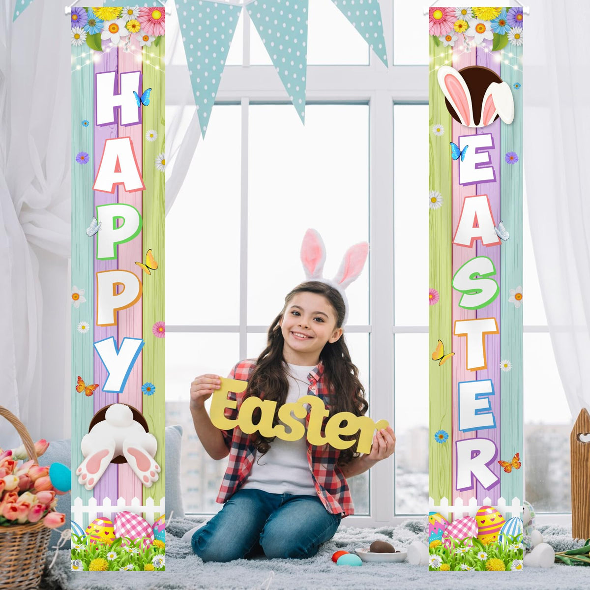 Generic Happy Easter porch banner suited for indoor or outdoor front-door displays.